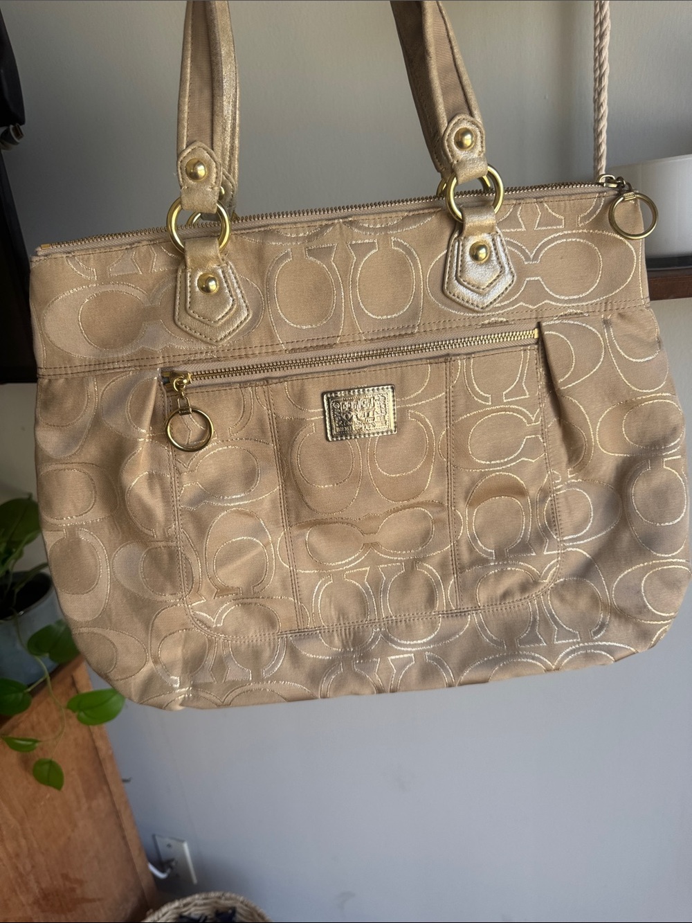 Coach Poppy Signature Shoulder Tote in Gold/Tan with gold threading